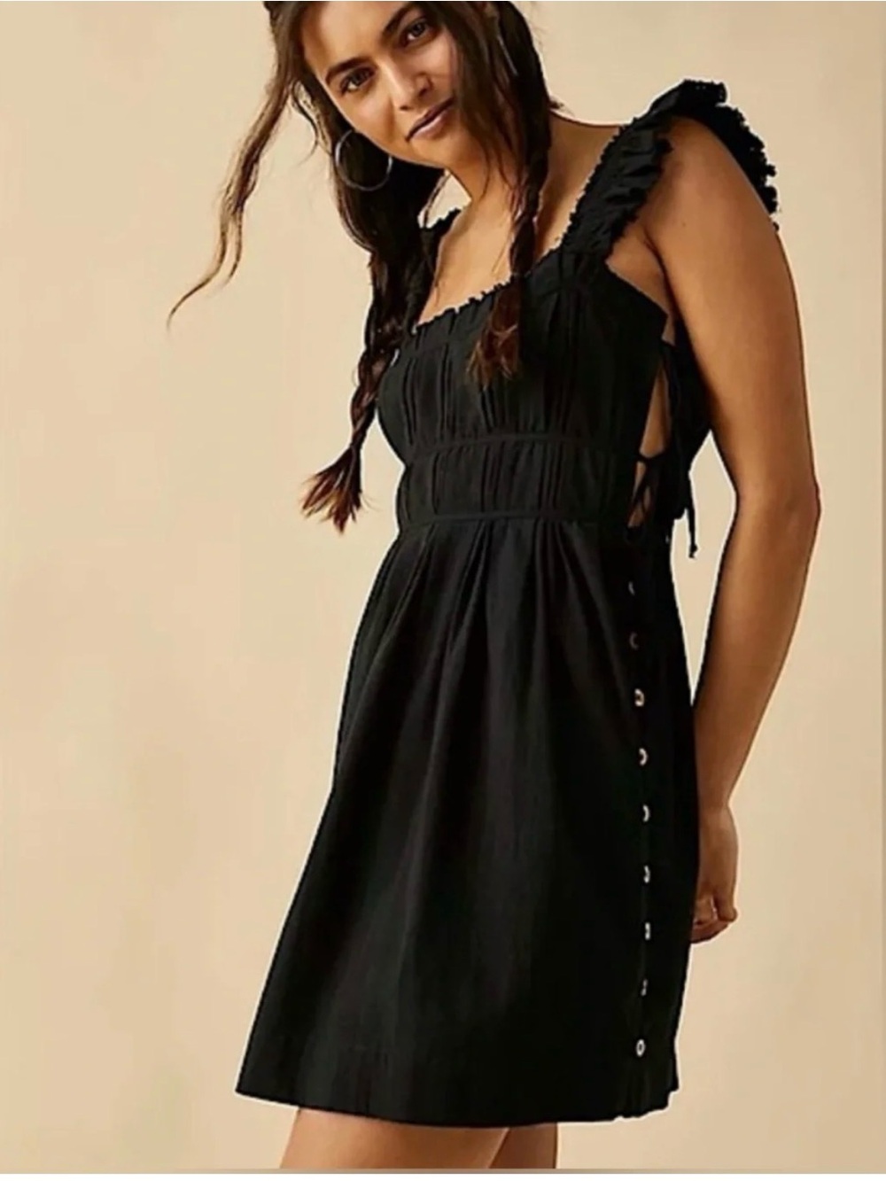 Free People Claudette Mini Dress Black Cotton Side Tie